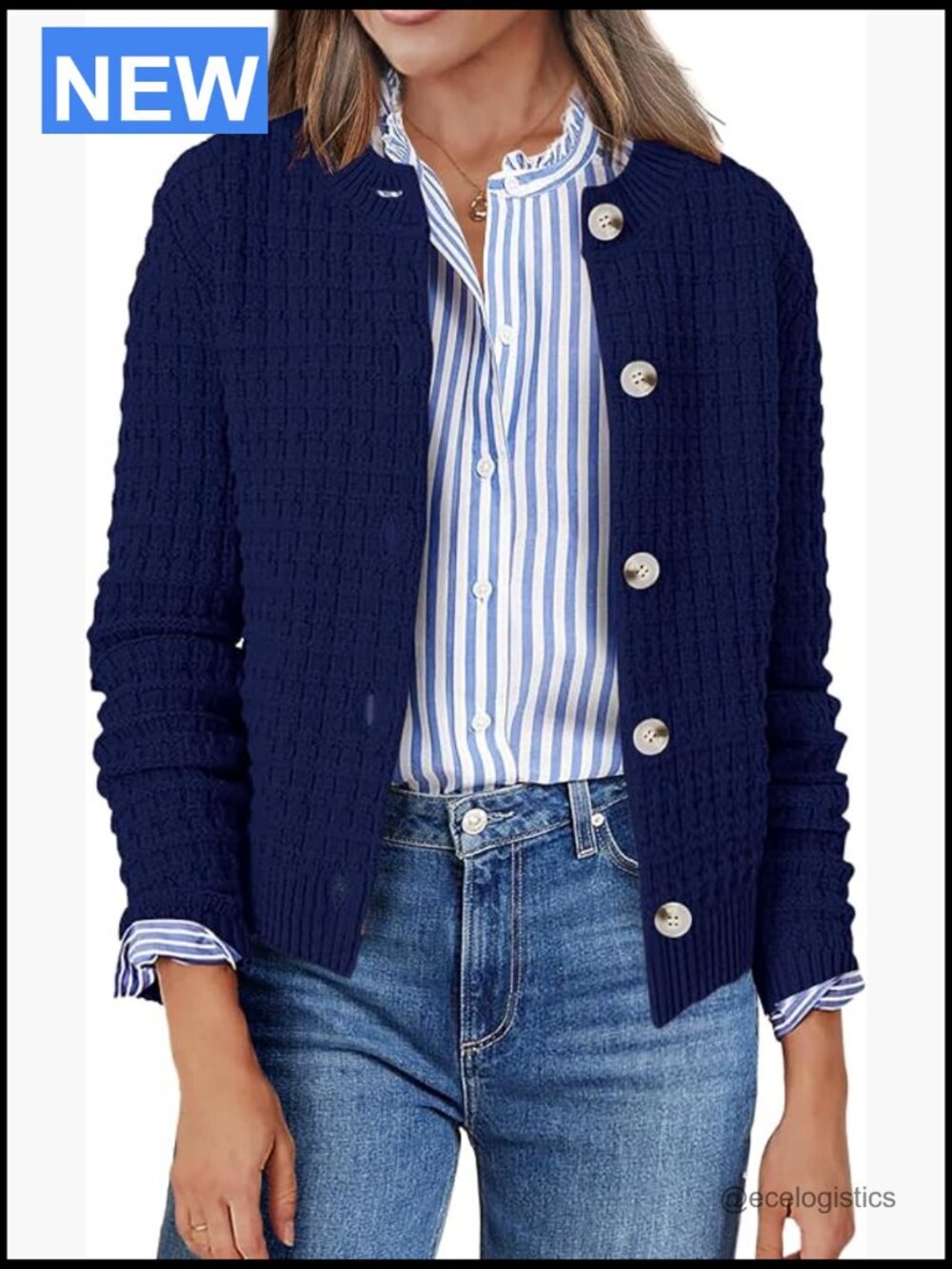 Knitted Cardigan Crew Neck Button Down Open Front Long Sleeve Cropped Jacket